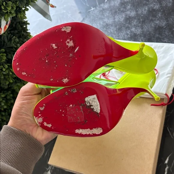 Christian Louboutin Iridescent Neon Yellow Slide Heels - Picture 5 of 7